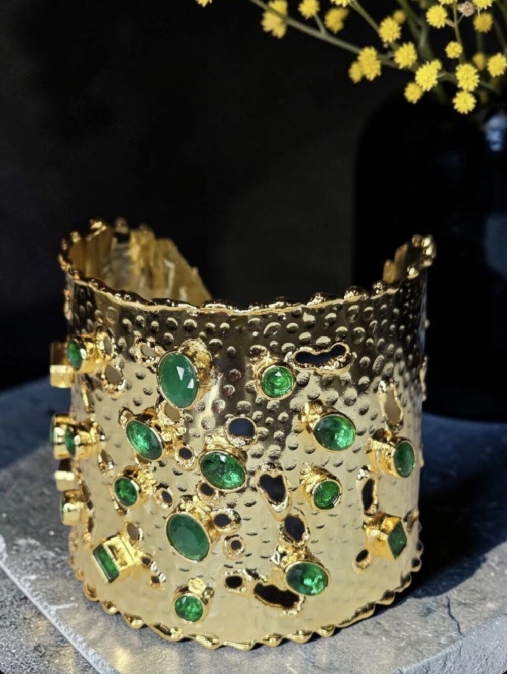 Huge 18k Gold Plated Turkish Artisan Emerald Crystal Textured Cuff Bracelet